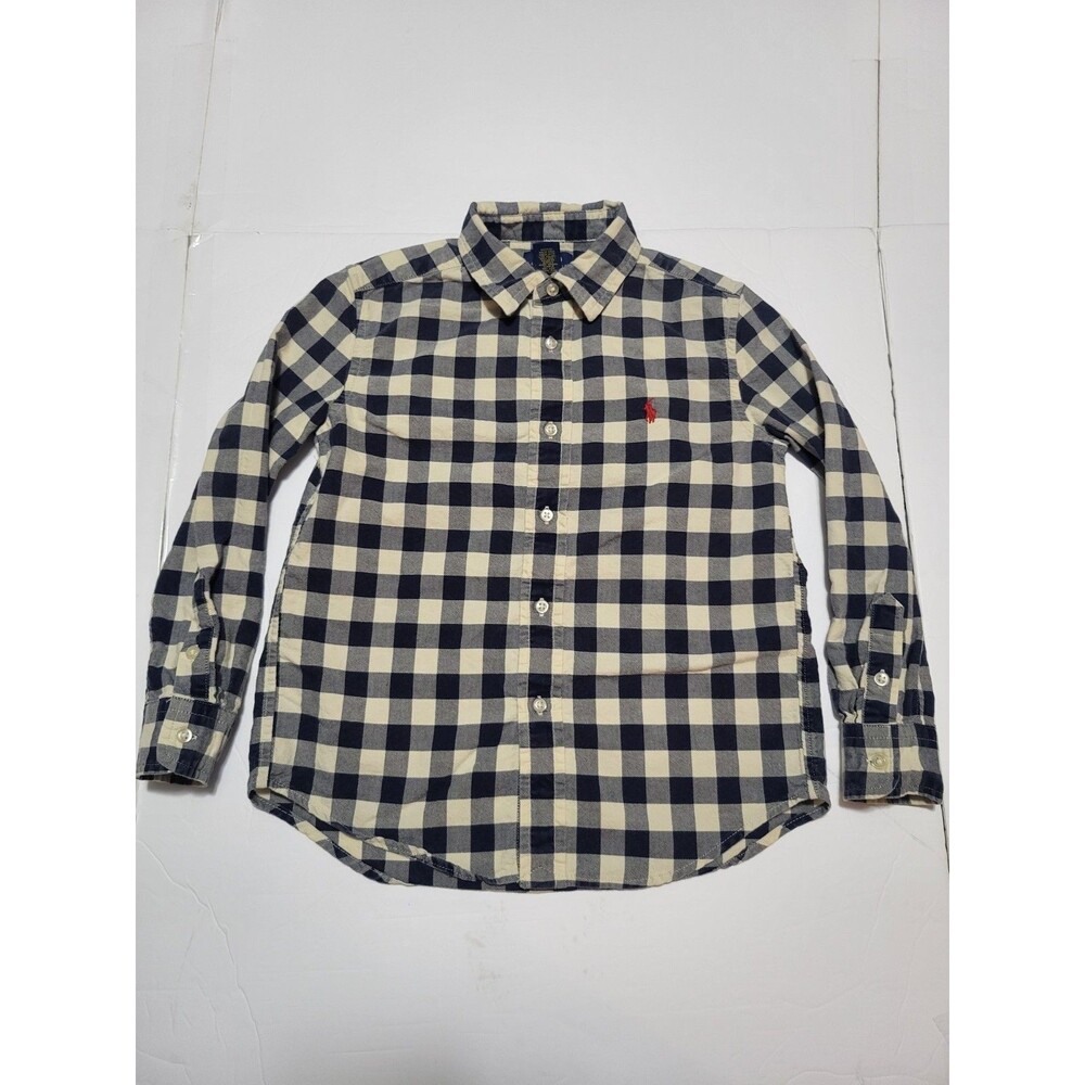 (#18) Polo Ralph Lauren blue and cream checked button up SZ  Kid 6 Long Sleeve